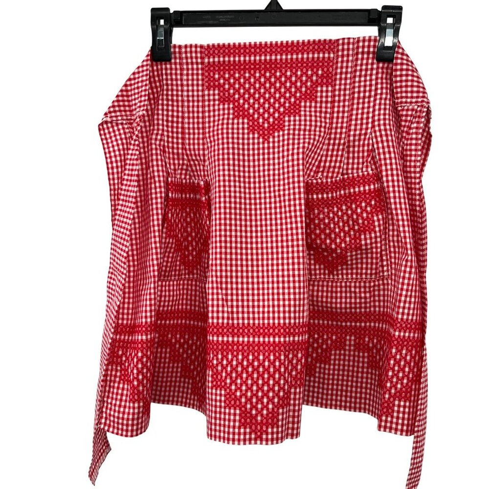 Vintage Handmade Red Gingham Cross-Stitch Half Apron w/ Small Pockets